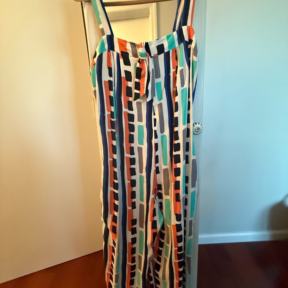 Anthropologie Multicolor Striped Jumpsuit, adjustable width and straps, pockets